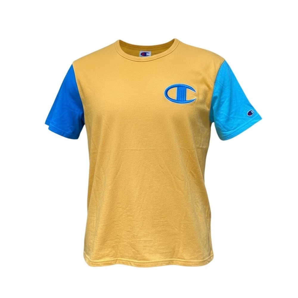 VTG Champion Color Block T-Shirt -‎ Yellow & Blue Big Logo - Size L